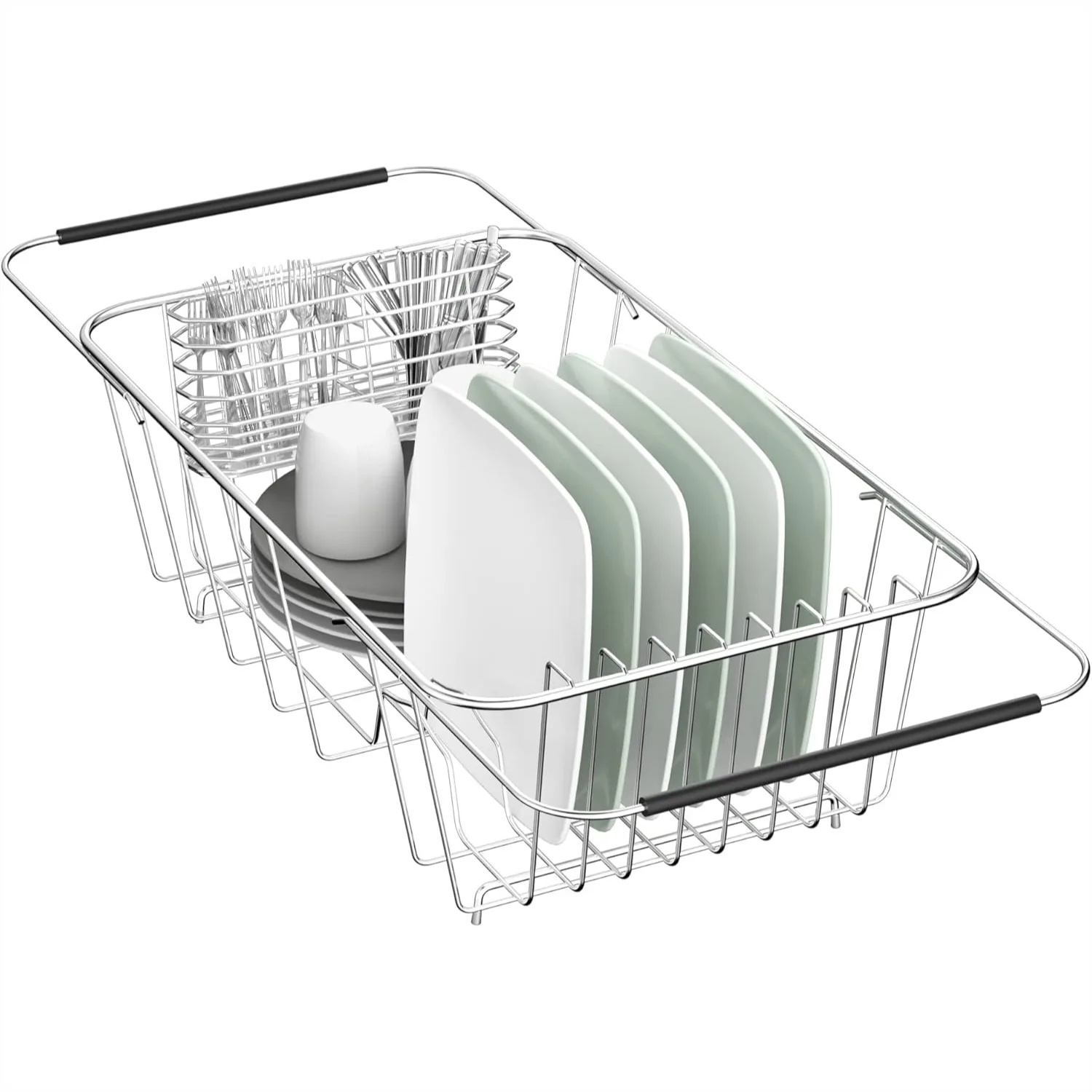 

Over Sink Dish Drying Rack for Small Sink, Expandable 14.25"–22.44", 304 Stainless Steel Dish Drainer with Utensil Holder, Space