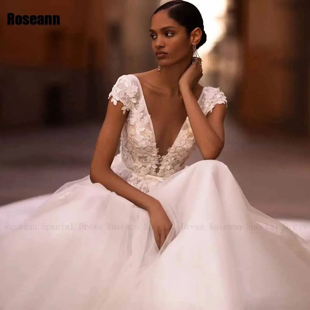 Robe de Mariée Trapèze en Tulle, Col en V, Dos Ouvert, Appliques, Longueur au Sol, Nouvelle Collection 2024