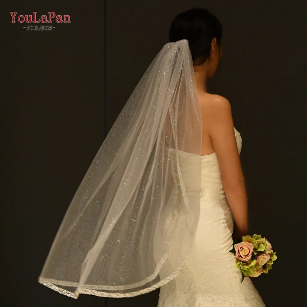 YouLaPan Single Layer Bridal Veil Sparkling Beaded Wedding Veil Ivory Veil Crystal Beaded Gold Sparkling V203A