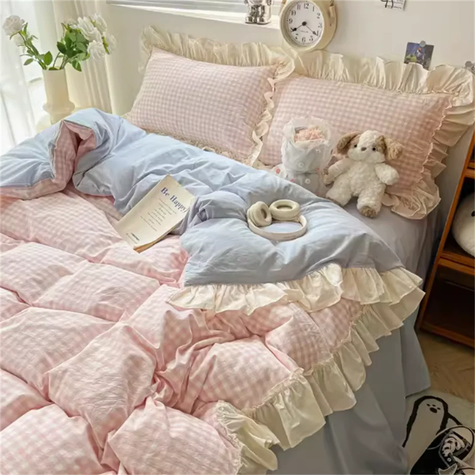 Ins Princess Style Bedding Sets Ruffle Lace Bow Quilt Cover Romantic Bedclothes Decor Woman Girls Bedroom Duvet Cover 4pcs