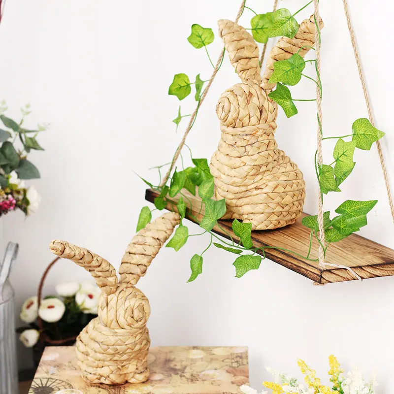 Spring Creative Easter Rabbit Home Decoration with Flower Cute Straw Bunny Home Decorative Ornaments