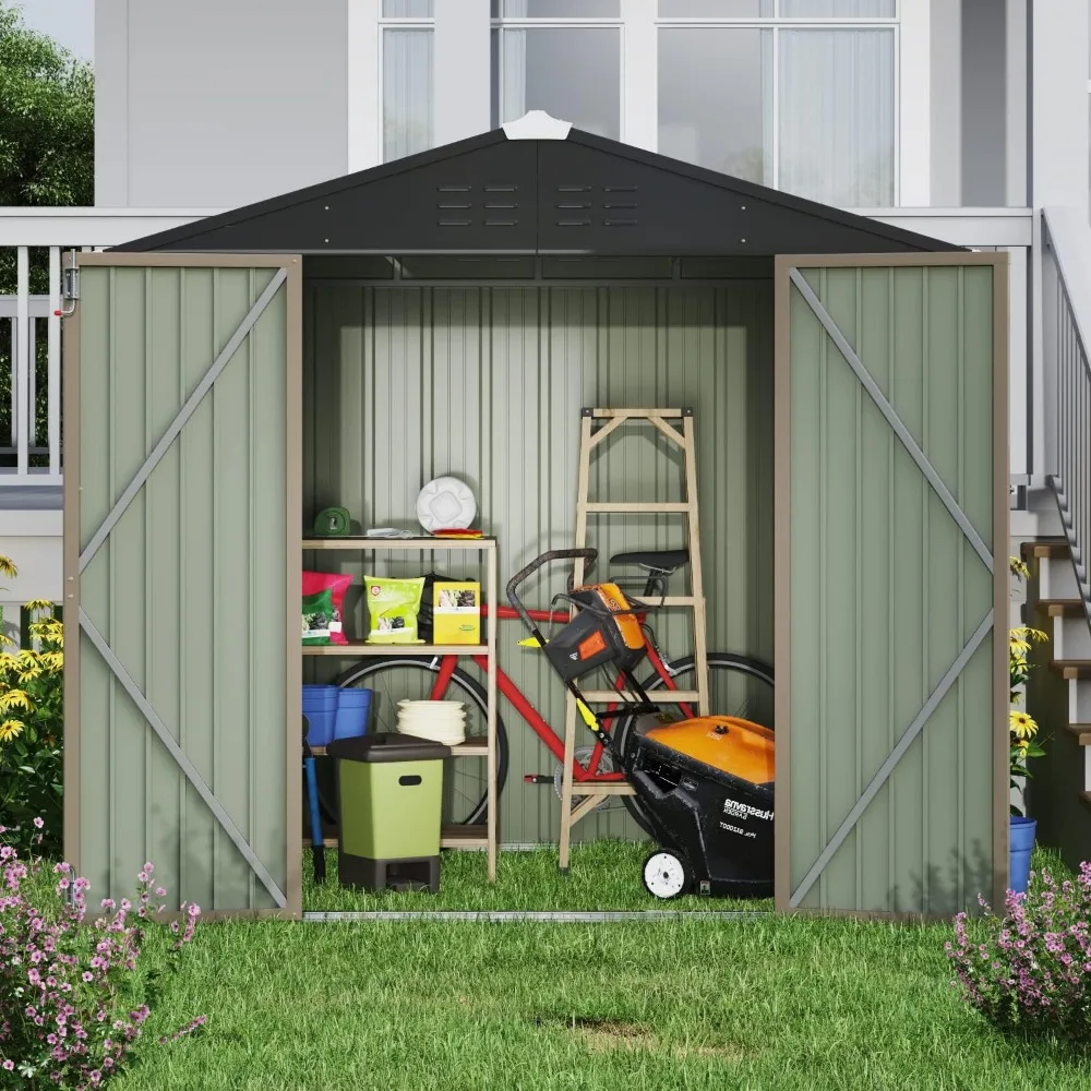 6X8 Voet Afsluitbare Metalen Tuinhuis Stalen Anti-Corrosie Opberghuis Met Enkele Deur Afsluitbare Buitenopslagloods, Bruin