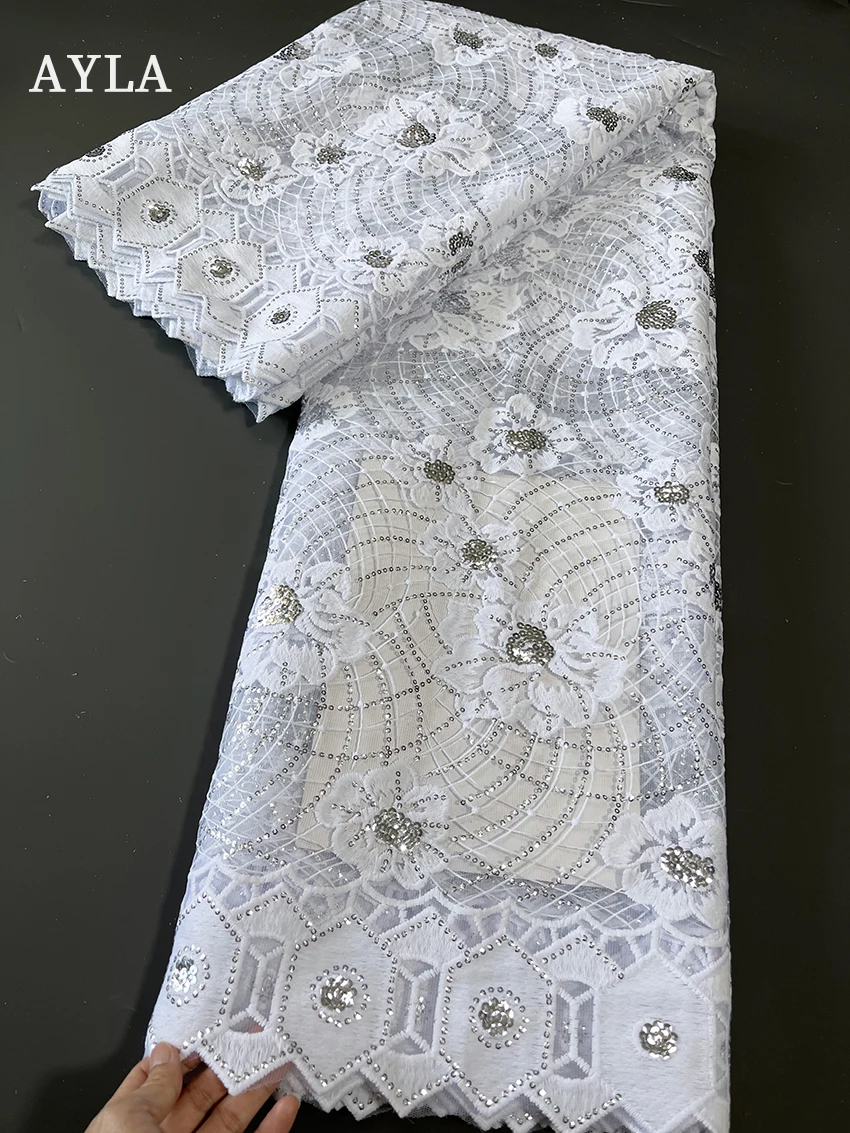 Pure White Lace African Fabric Nigerian 3D Embroidery Lace Material Bridal Fabric With Sequence 2022 High Quality Lace 5 Yards