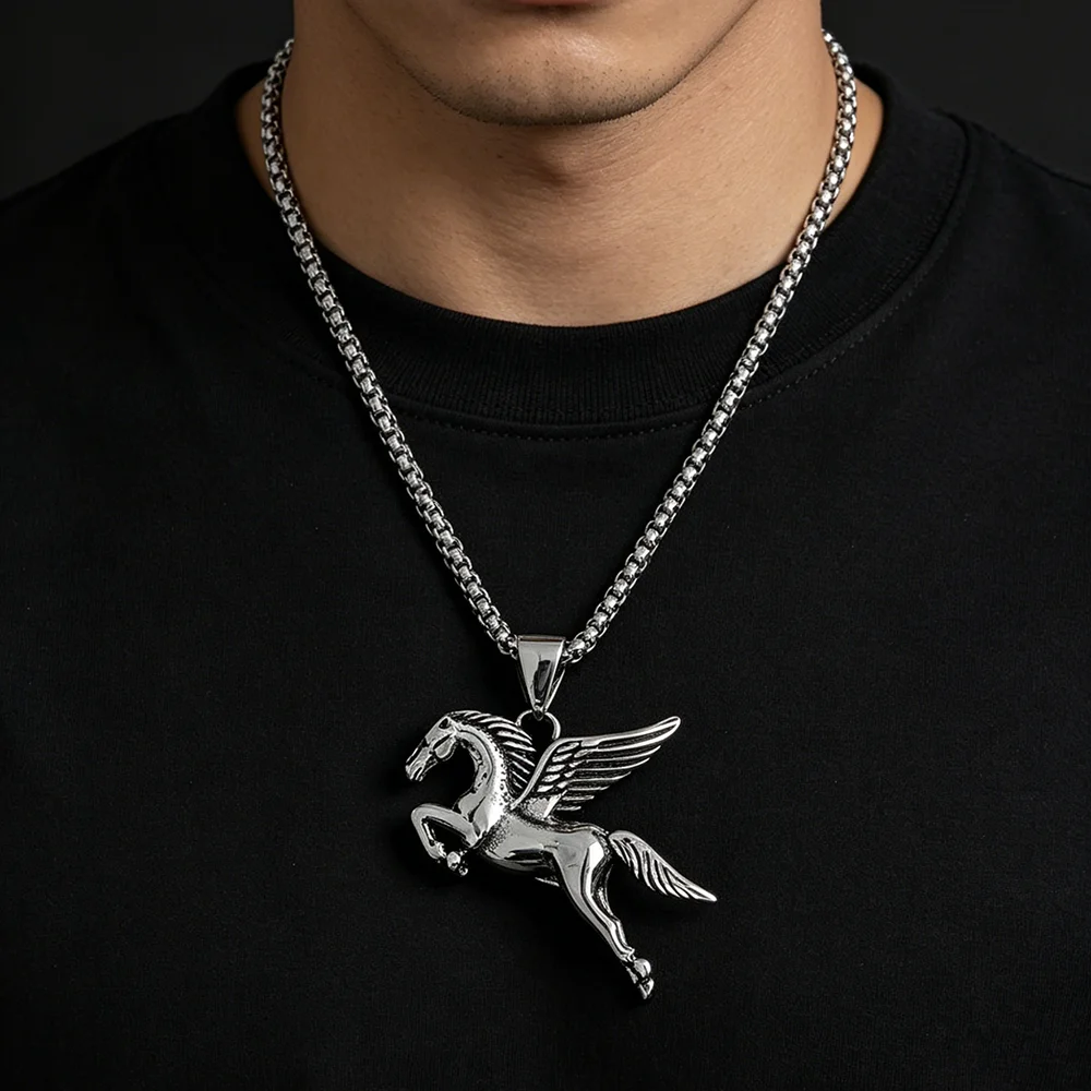 Retro cast wings Pegasus stainless steel necklace, waterproof and non-fading blackening process, bulk sales pendant