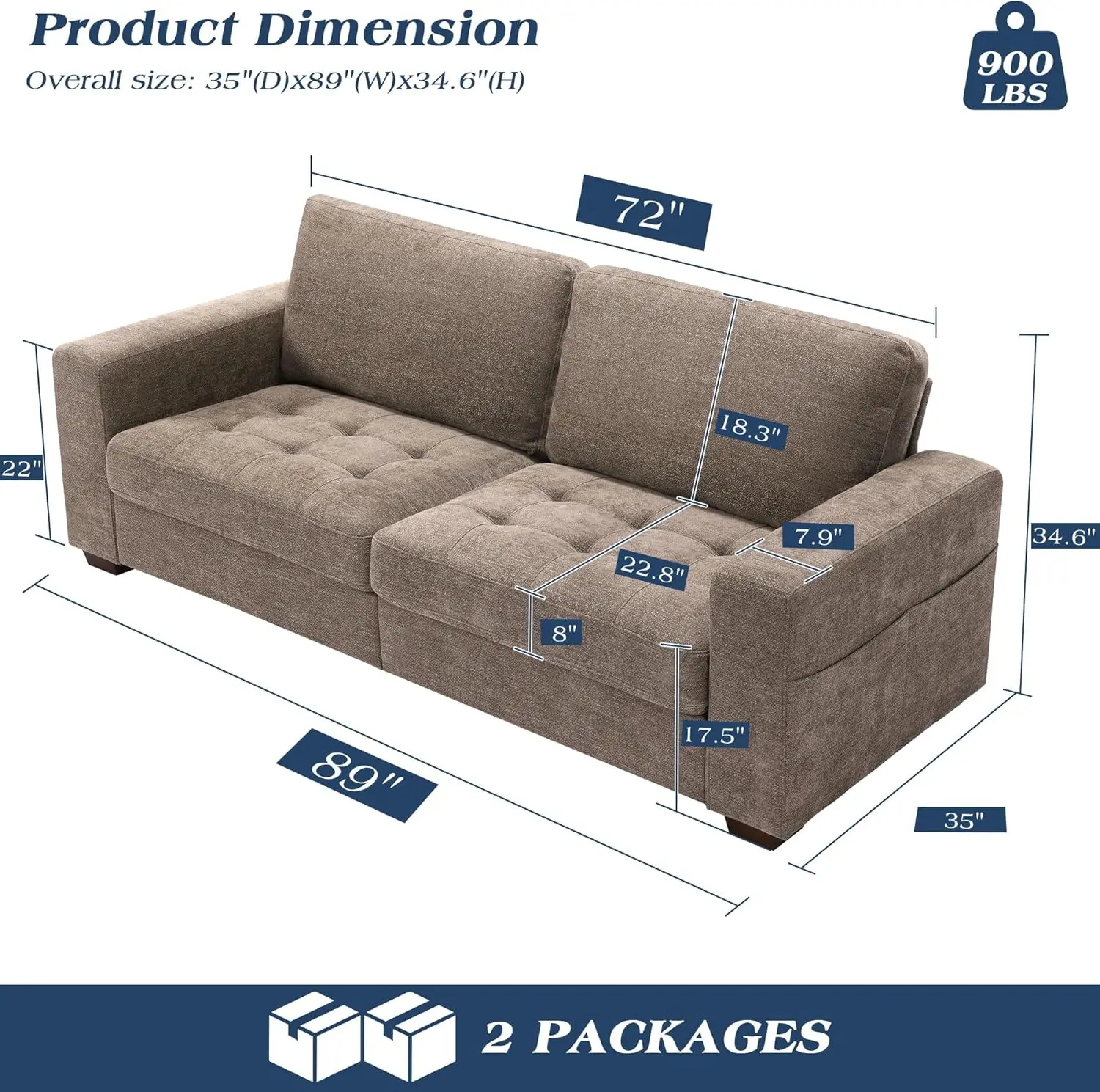 89 Inch Sofa Couch, Modern 3 Seater Couch With Removable Covers And Usb Ports, Large Chenille Comfy Sofa For Living Room,