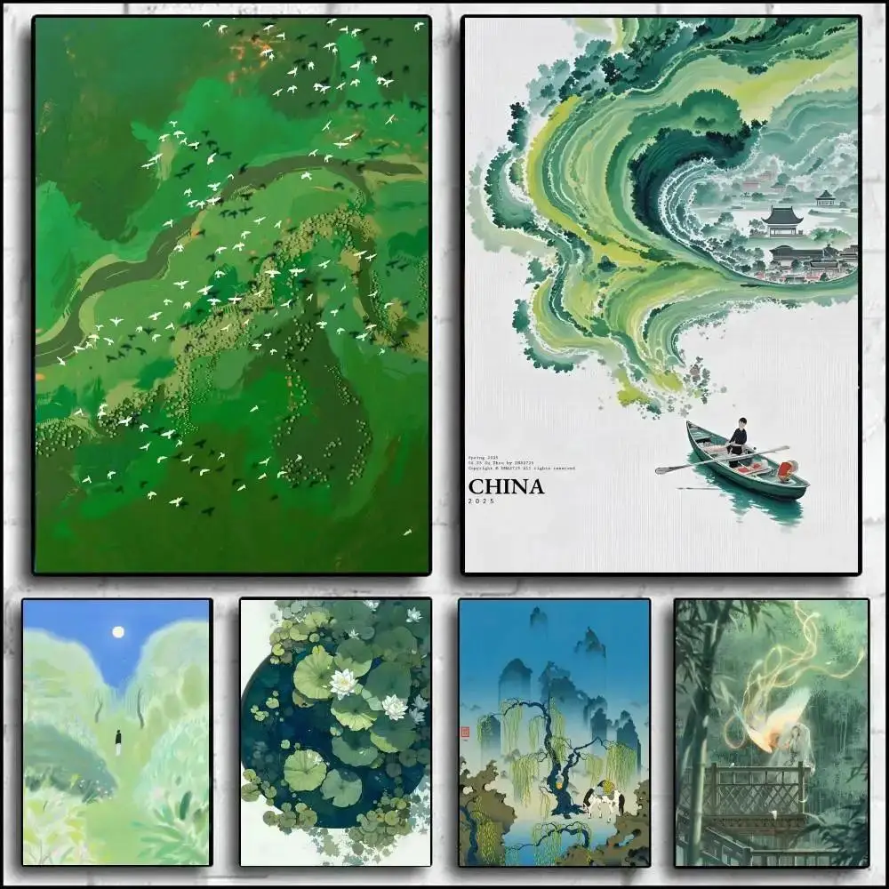 PC Green Jiangnan Poster SelfAdhesive Waterproof Art Paper Sticker for Coffee Shop Bar Home Room Wall Decor