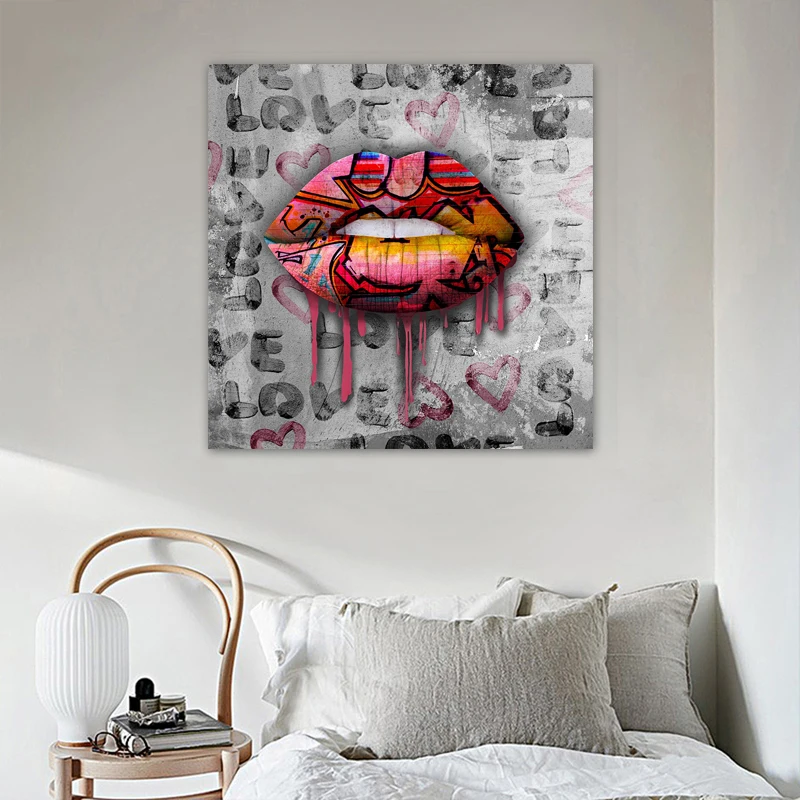 Abstract Mouth Graffiti Painting Sexy Lips Love Heart Canvas Prints Wall Art Picture for Living Room Home Decoration No Frame