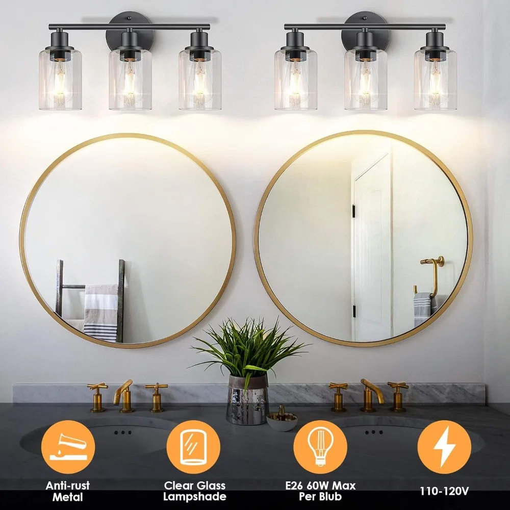 JOYINLED 3 Lights Modern Wall Lights Matte Black Farmhouse Metal Wall Lamp with Glass Shade Fixture for Bedroom Kitchen Hallway