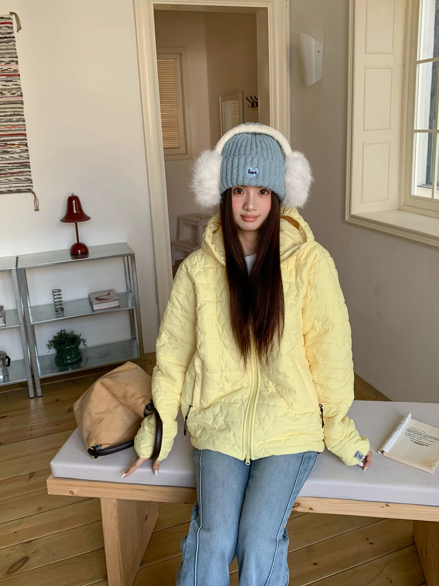 

Зимняя утепленная хлопковая куртка с капюшоном для женщин, свободного кроя, с американским звездным принтом, повседневное хлопковое пальто от JZSZNR