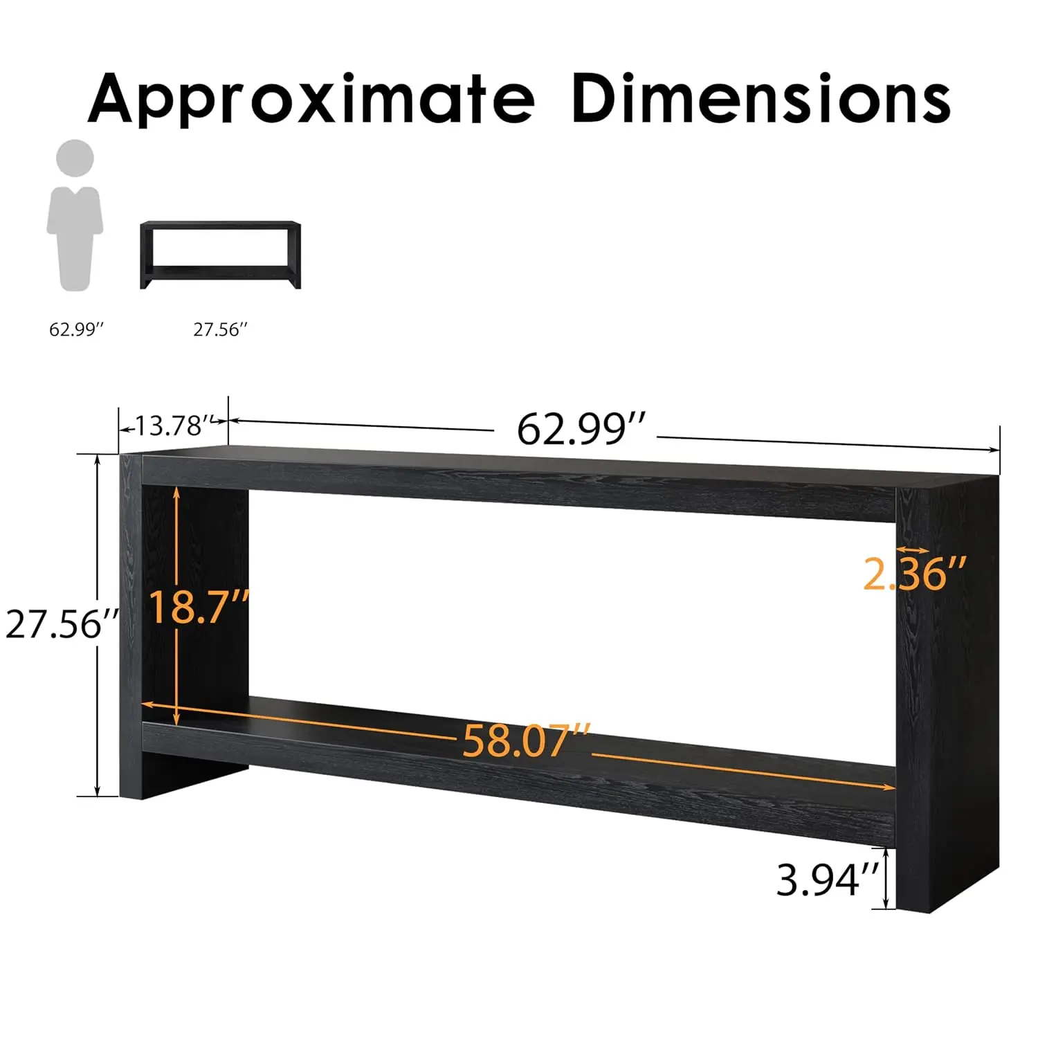 2-Tier Vintage Sofa Table with Shelf for Behind Couch Black, Customized