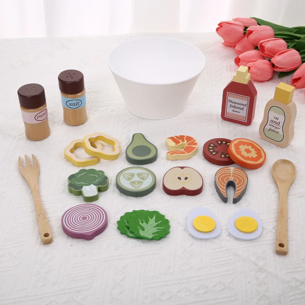 Küche Rollenspiel Spielzeug Simulation Lebensmittel Zubehör Pizza Salat Dessert Set Lernspielzeug für Kleinkinder ab 3 Jahren
