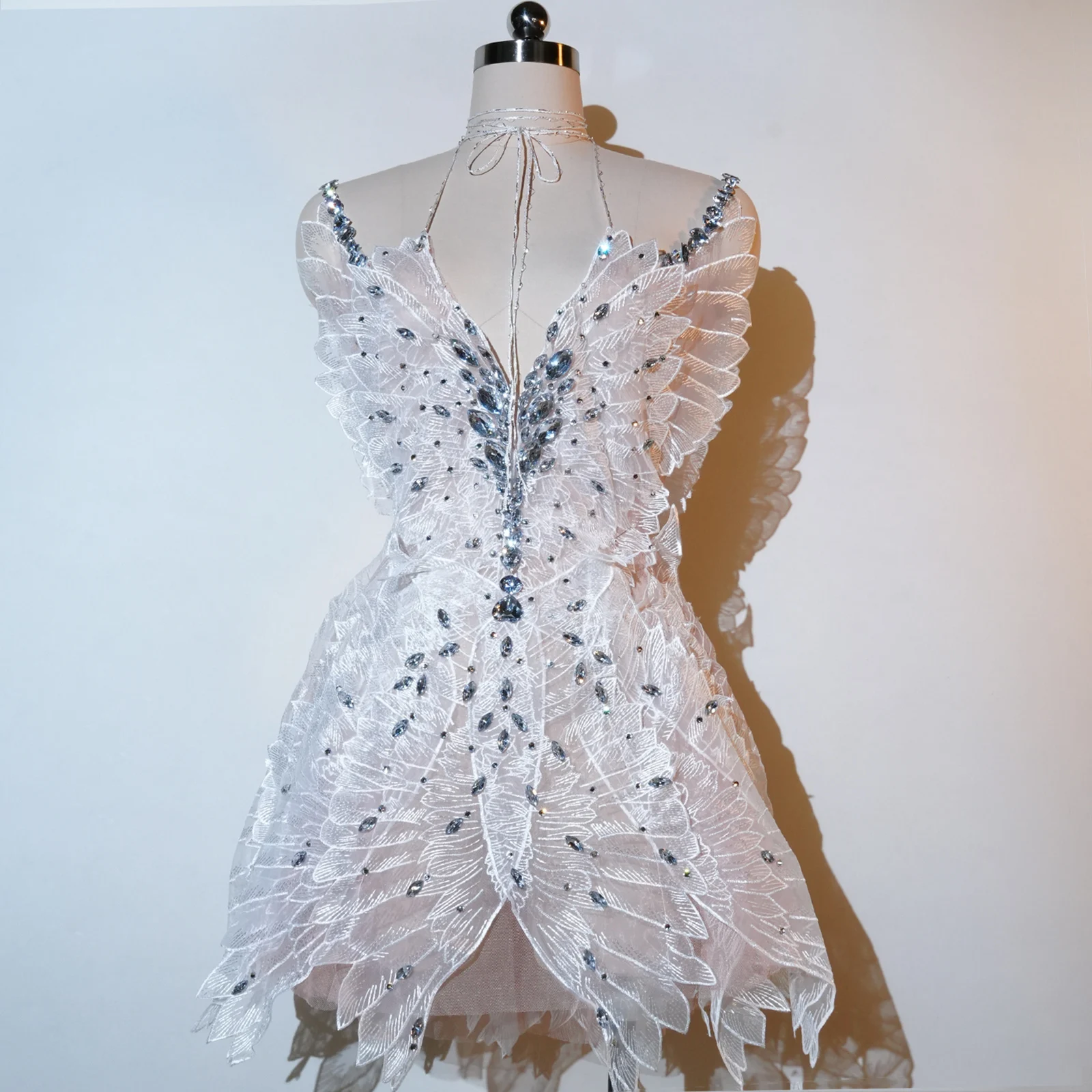 

New Rhinestones Lace-up Party dresses Sexy Women Backless Halter White Skirt Prom Evening Singer Stage Wear Performance Costume
