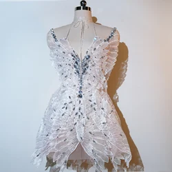 New Rhinestones Lace-up Party dresses Sexy Women Backless Halter White Skirt Prom Evening Singer Stage Wear Performance Costume