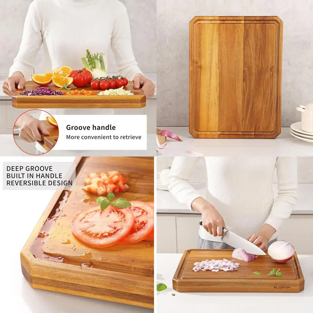 

Large Acacia Wood Chopping Board for Meat, Cheese, Fruits & Vegetables with Juice Groove and Handles