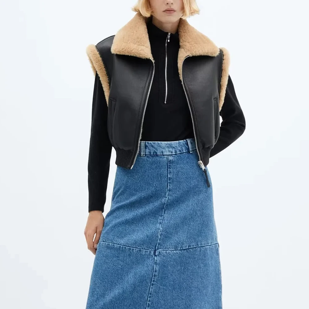 TWOTWINSTYLE Solid Minimalist Patchwork Zipper Jacket Vest For Women Lapel Sleeveless Spliced Pockets Temperament Coat Female