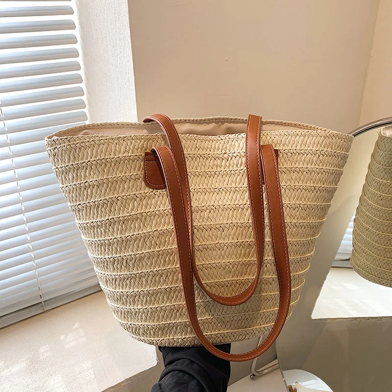 Bolso de mano trenzado con asa superior para mujer, bolsa de hombro portátil de paja grande, para fiesta en la playa, de verano