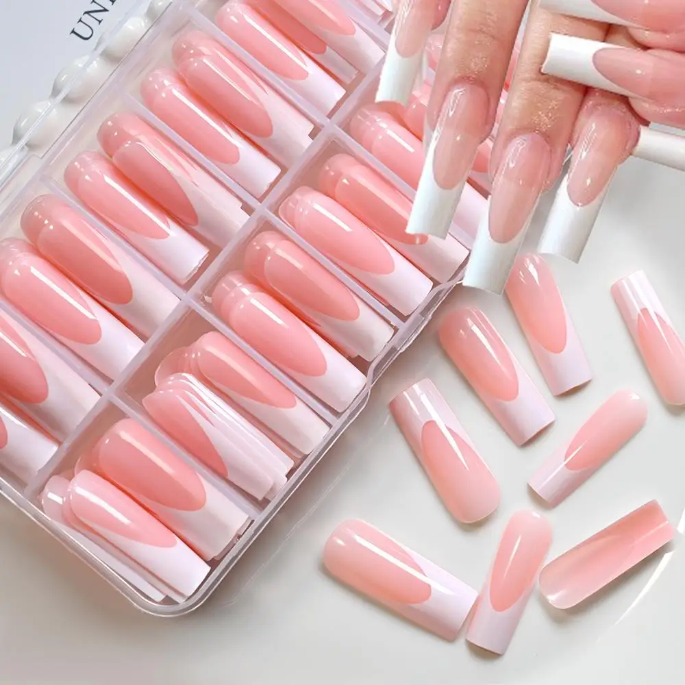 120/240Pcs Glossy Pink French Press On Nails 12Sizes Long Square Fake Nails White Edge Design Full Cover Elegant False Fingertip