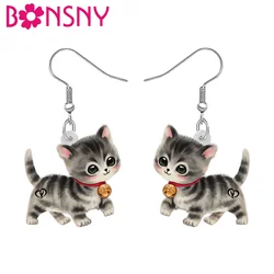 BONSNY Acrylic Cute Bell Cat Earrings Christmas Kitten Drop Dangle Jewelry Ornaments For Women Girls Kids Gifts Decor