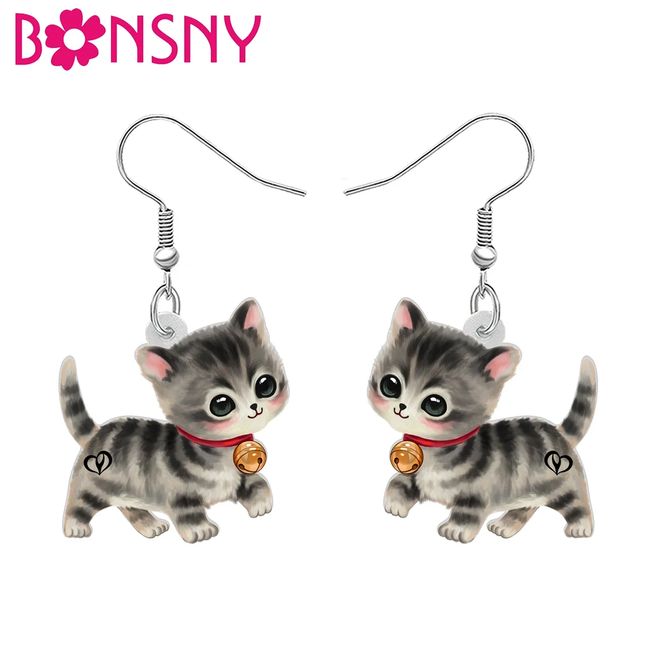 BONSNY Acrylic Cute Bell Cat Earrings Christmas Kitten Drop Dangle Jewelry Ornaments For Women Girls Kids Gifts Decor