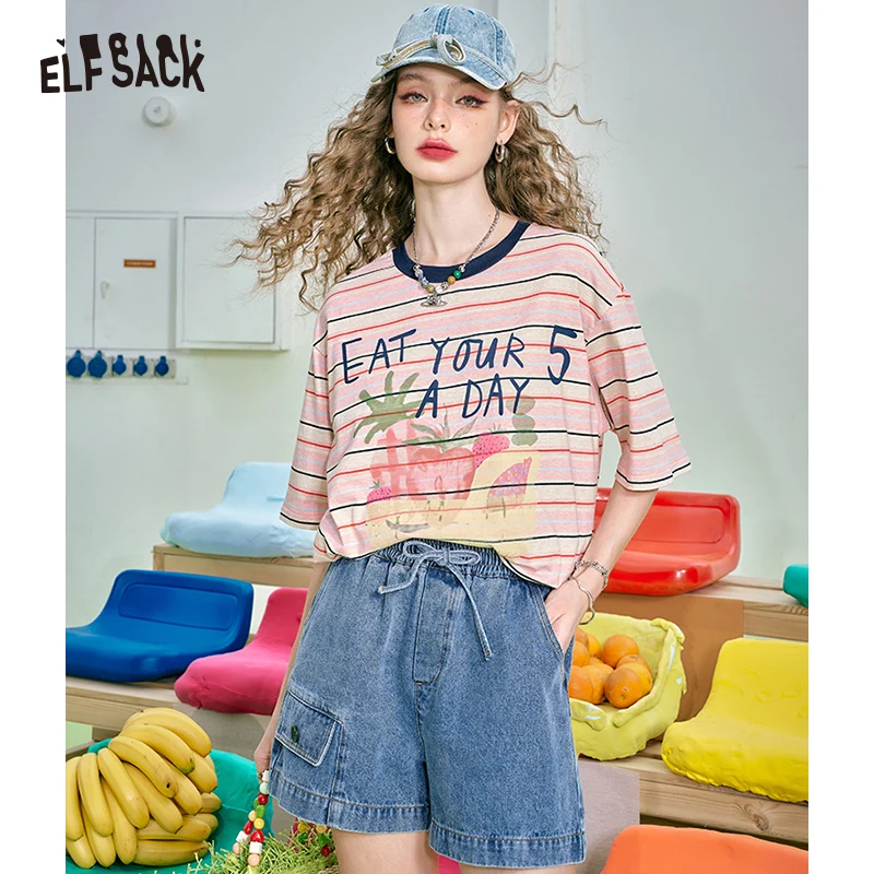 ELFSACK 2024 summer new arrival Washed A-line pocket versatile slimming hip-covering straight jeans for women