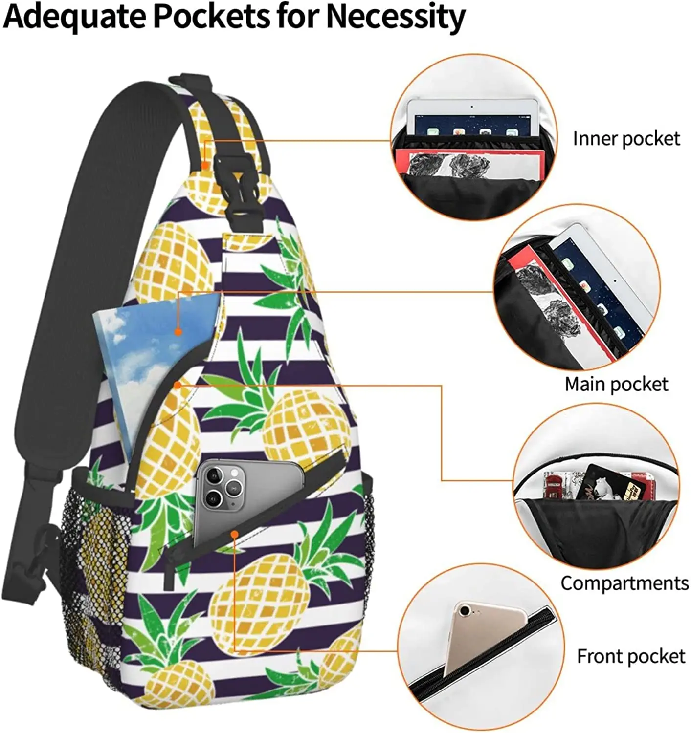 Pineapple Sling Bag Crossbody Travel Hiking Chest Backpack Shoulder Daypack for Women Men Four Seasons Polyester Casual One Size