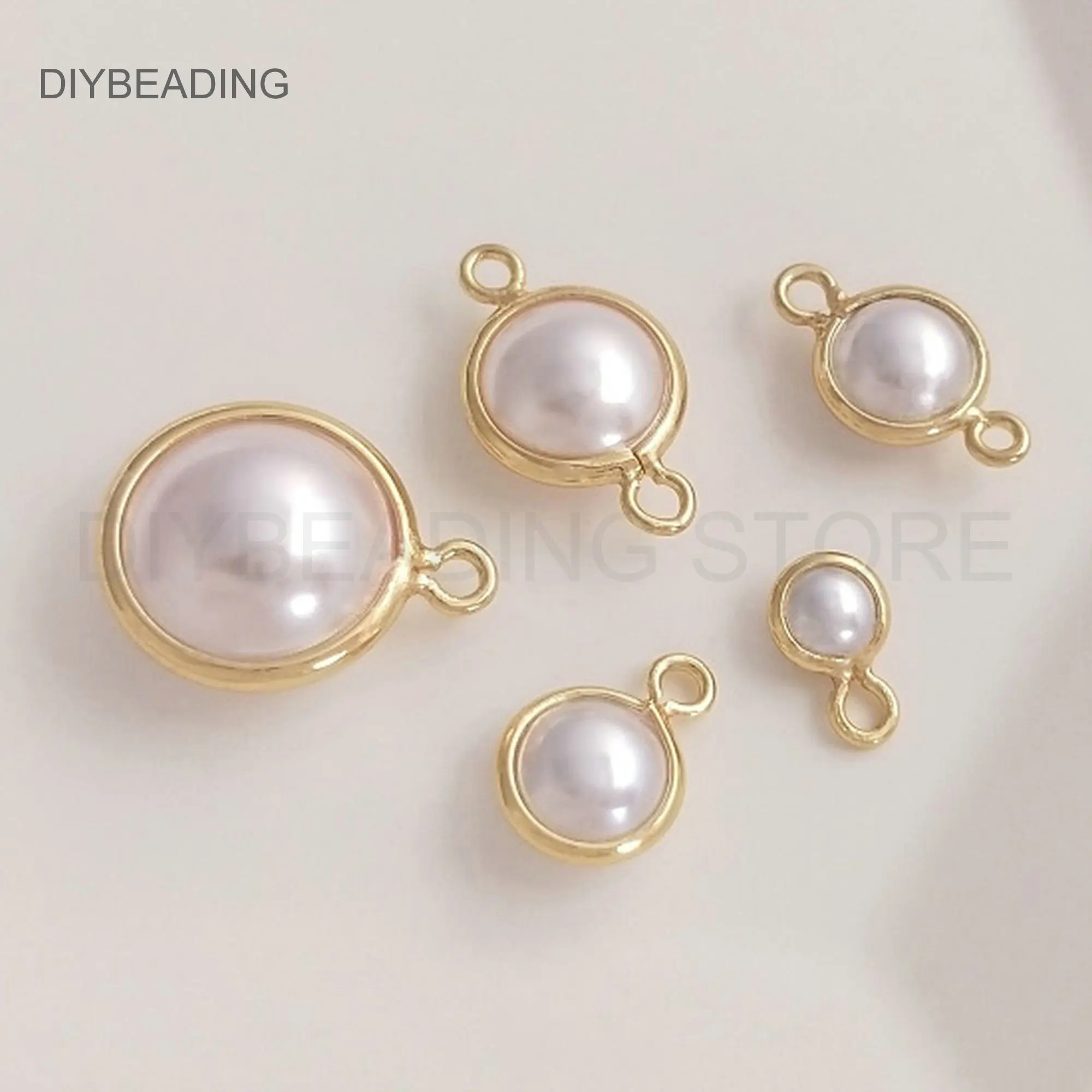 Charm Connectors for Jewelry Making 14K Gold Plated White Pearl Shell Round Ball Pendant Lots Wholesale Supply (4/6/8/10mm)