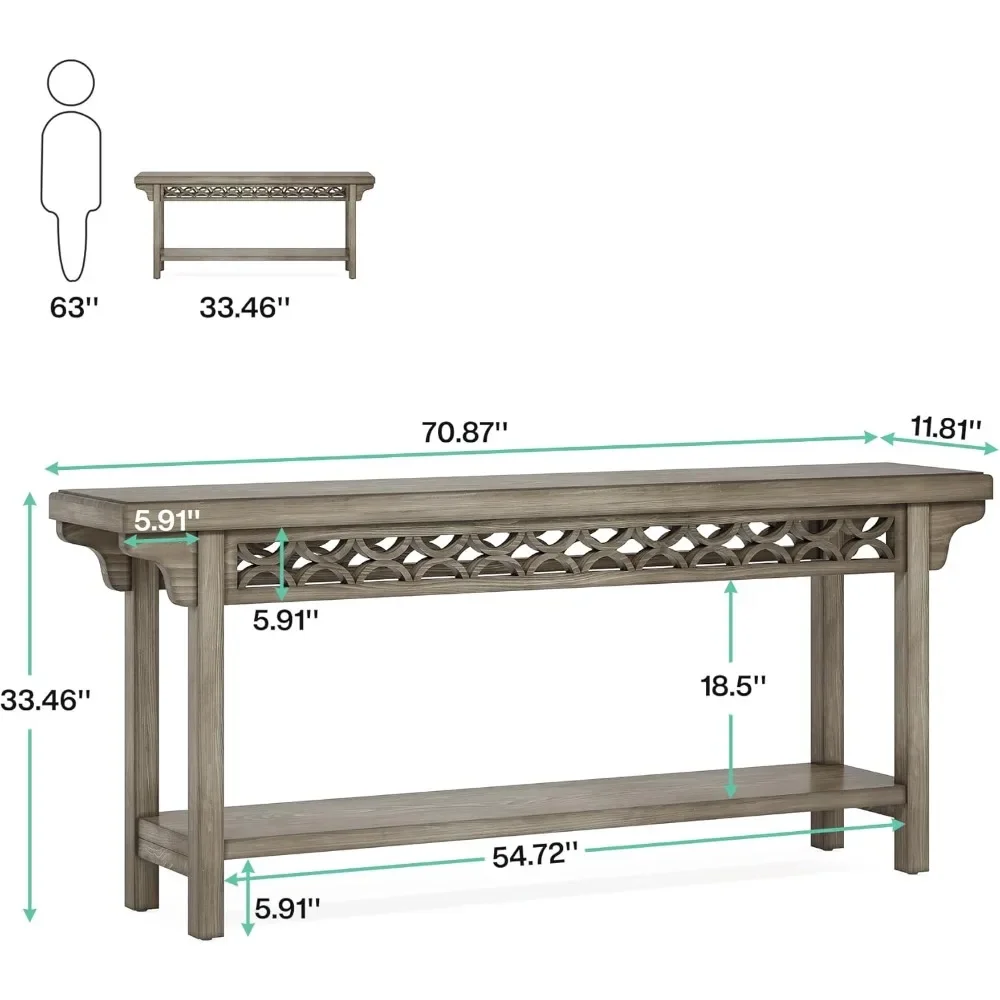 Solid Wood Long Console Table, Farmhouse Entryway Table with Storage, Narrow Sofa Table Grey Couch Table for Living Room