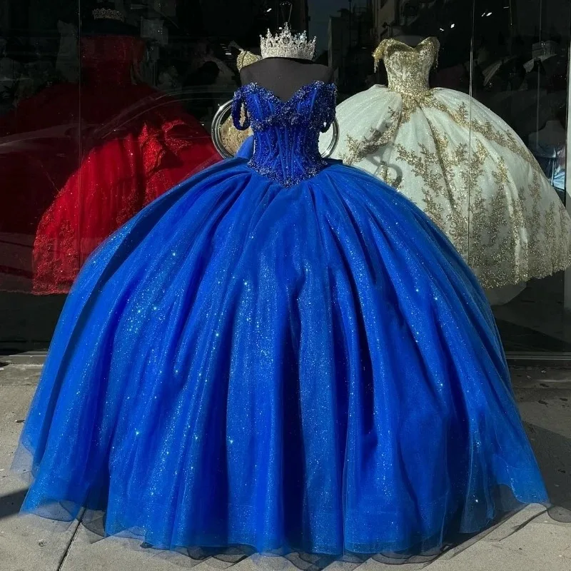 

Off Shoulder Sparkly Glittering Prom Dresses Ball Gown Beading Royal Blue Formal Princess Birthday Party Quinceanera Dresses