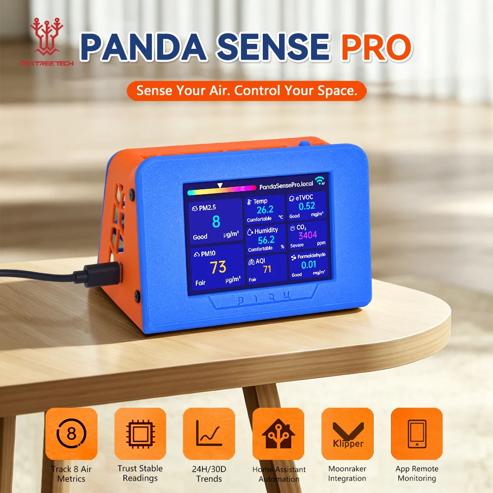 Детектор воздуха BIGTREETECH Panda Sense Pro 8-в-1: PM2.5, HCHO, CO2, TVOC, температура, влажность, AQI, Wi-Fi, MQTT, автоматизация для умного дома
