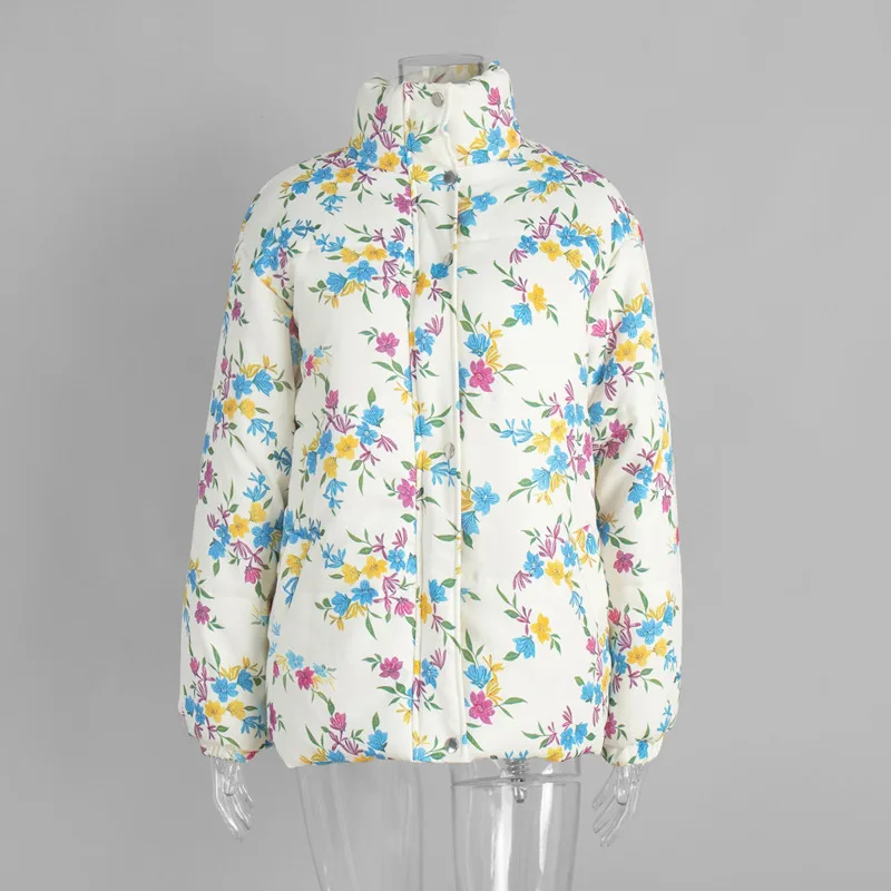 

Floral Padded Puffer Jacket For Women's Winter Fashion Oversized Design Stand Collar Warm Zip Up Outerwear Street Style Look New