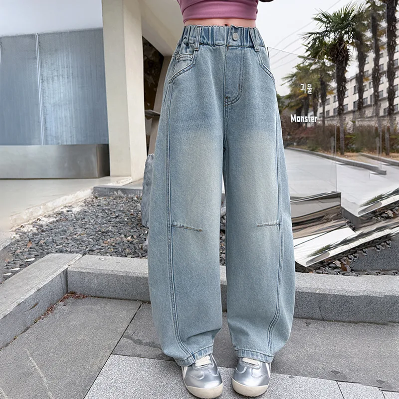 

Autumn Children Girls Denim Pant Korean New Teenager Girls Button Elastic Waist Harem Pant Junior Girls Solid Color Loose Jean