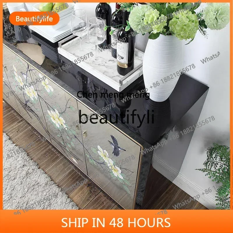 ss8350  Light luxury painted entrance shoe cabinet high sense living room solid wood flower and bird art dining side cabinet