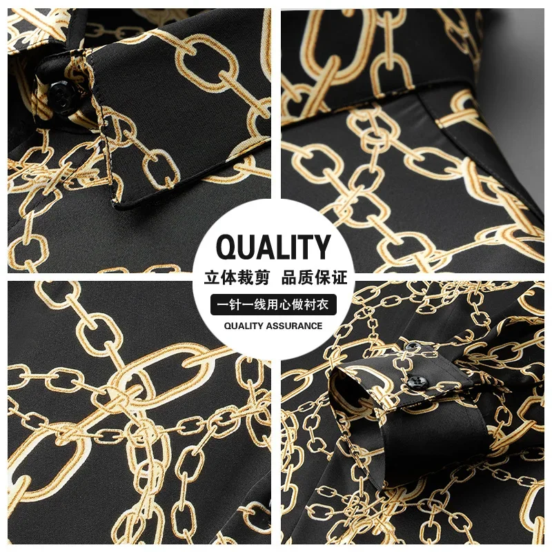 Printed Shirt for Men Luxury Long Sleeved Casual Business Shirt Loose Social Party Tuxedo Streetwear Men Clothing Vintage Chain