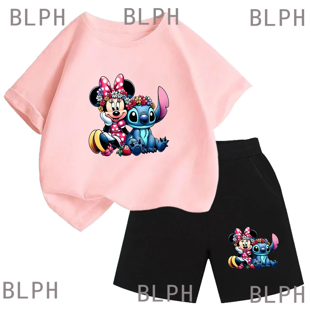 

Детский комплект футболок Disney Star Baby Stitch из чистого хлопка, дышащий топ с героями мультфильмов, шорты, спортивная мода