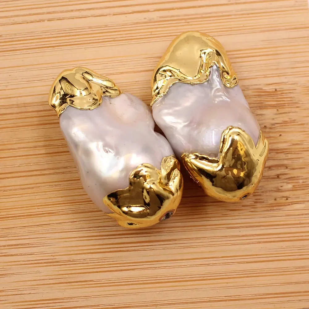 

5 Pcs Big Freshwater Gray Keshi Pearl Connector Pendant Gold Plated Baroque Pearl Loose Beads For Jewelry Making DIY