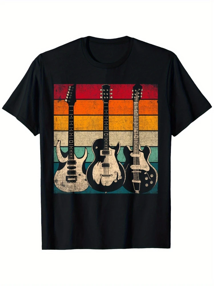 

Vintage Guitar Graphic with Retro Electric Guitar design-100% cotton summer casual O-neck short sleeve printed men's T-shirt.