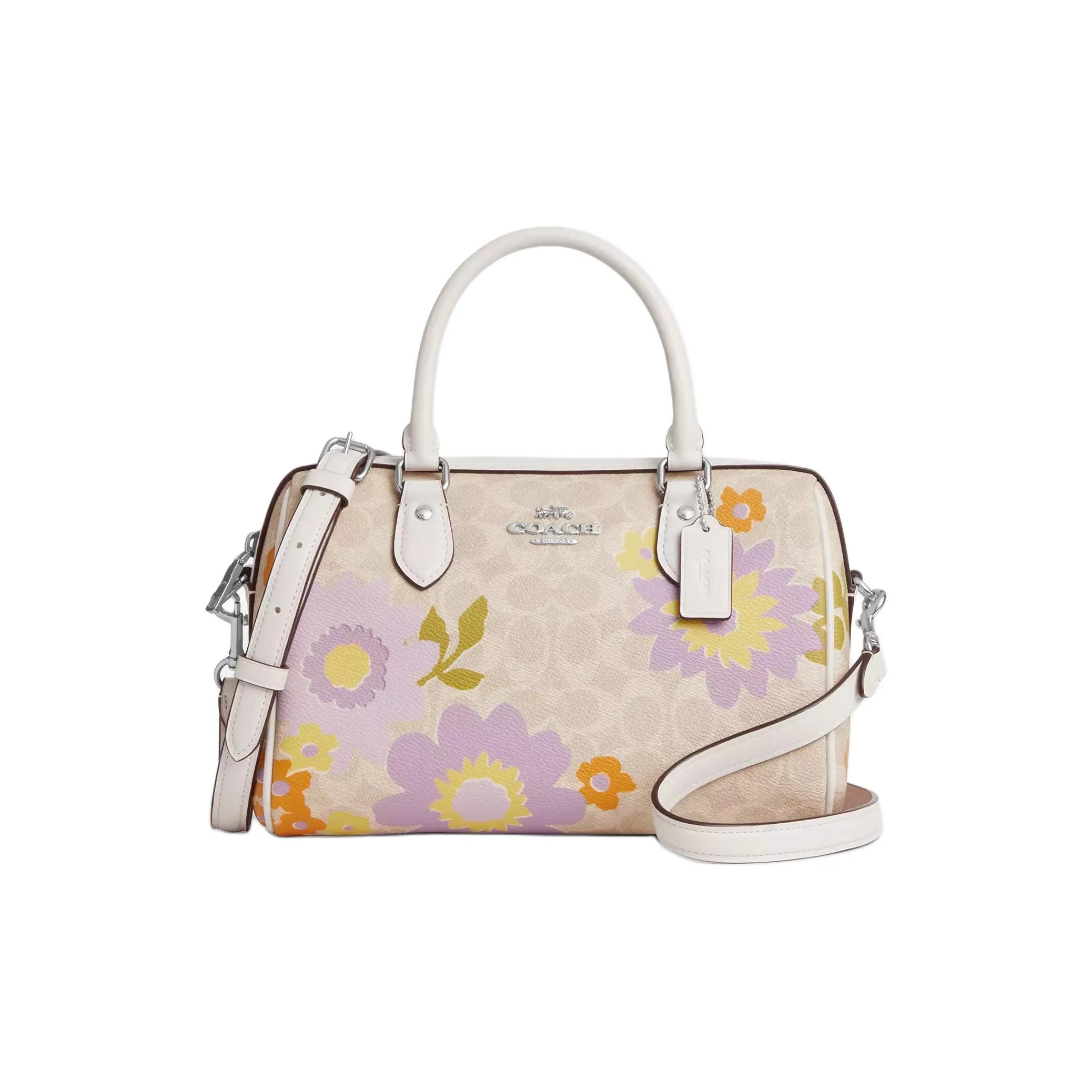 COACH Rowan Coated Canvas Boston Bag, Shoulder Bag, Crossbody Bag, Handbag Medium Women's Khaki & Purple CBG72-SVSAS