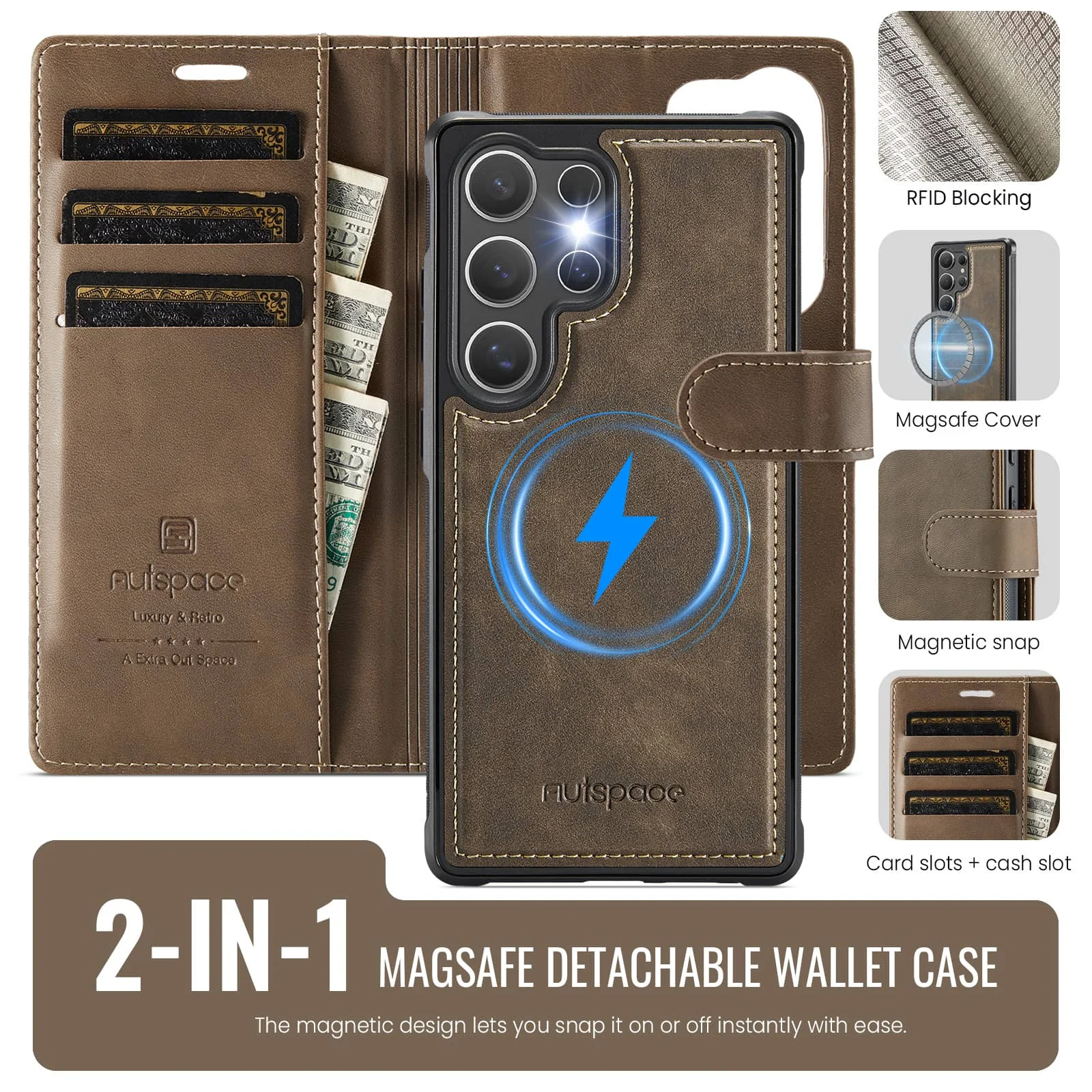 Etui Portfel z Odpinaną Klapką 2w1 do Samsung Galaxy S26 S25 S24 Ultra, z Uchwytem na Karty, Blokadą RFID, Funkcją Stojaka i Ochroną Przed Wstrząsami — zdjęcie produktu 2