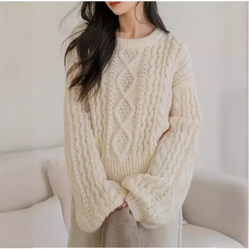 Suéter de punto para mujer, jerséis informales holgados y retorcidos, jersey básico con mangas acampanadas y cuello redondo, ropa de calle Y2k para primavera 2025