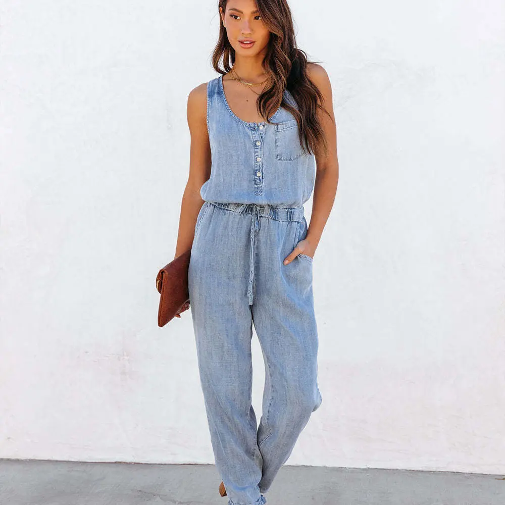 Summer Casual Sleeveless Wash Denim Jumpsuit Women Fashion High Waist Thin Jeans One Pieces Long Jumpsuits New Woman Clothing