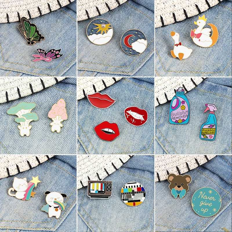 2-3Pcs Sexy Red Mouth Brooch Set No Signal Screen Television Enamel Pins Laundry Detergent Butterfly Bear Badge Bag Jewelry Gift