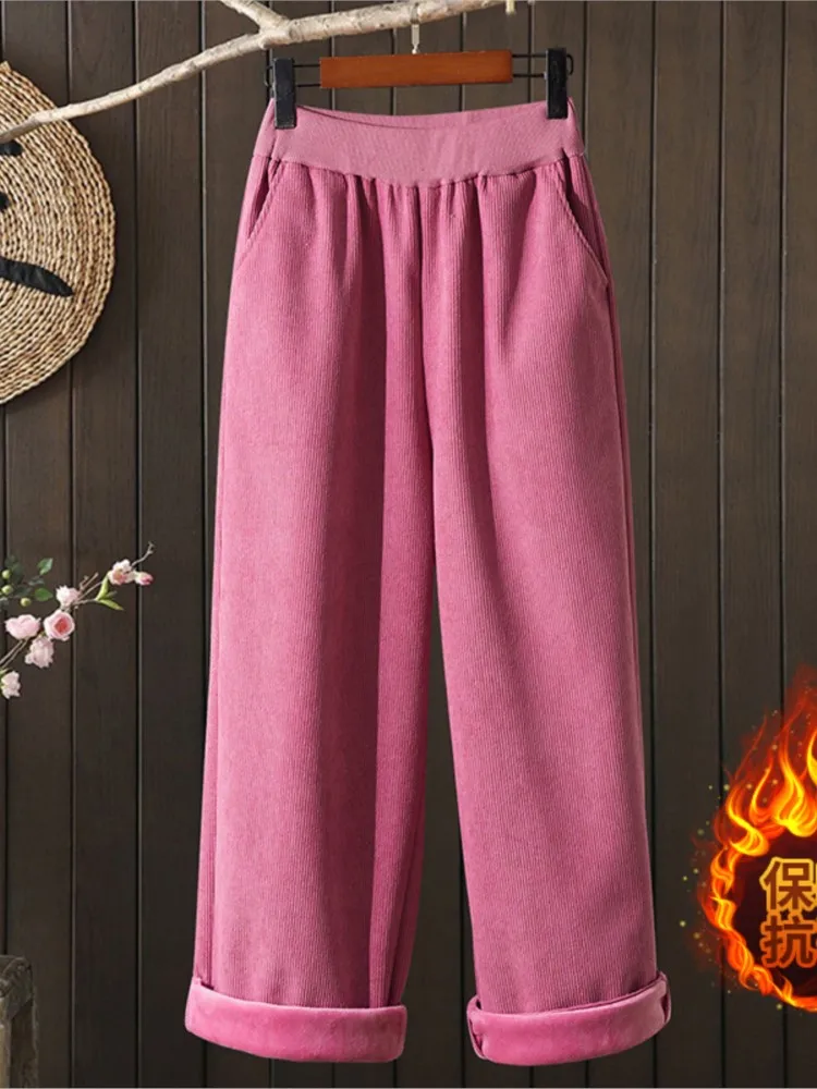 Pantalones largos de pana de gran tamaño para otoño e invierno, pantalones de cintura alta a la moda para mujer, pantalones holgados informales de pierna ancha para mujer