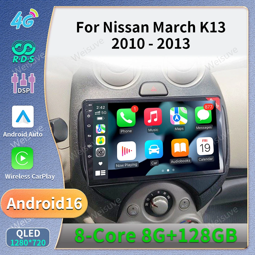 Radio de coche Android 16 para Nissan March MICRA 2010 2011 2012 2013, reproductor multimedia de audio y video, GPS, navegación, 8+128G, Carplay Auto
