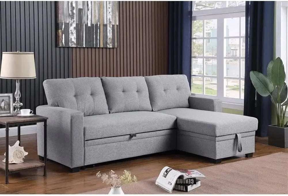 L-Shaped Polyester Fabric Reversible, Easy Convertible Pull-Out Sleeper Sectional Sofa/Storage Chaise with Tufted Back Cushions