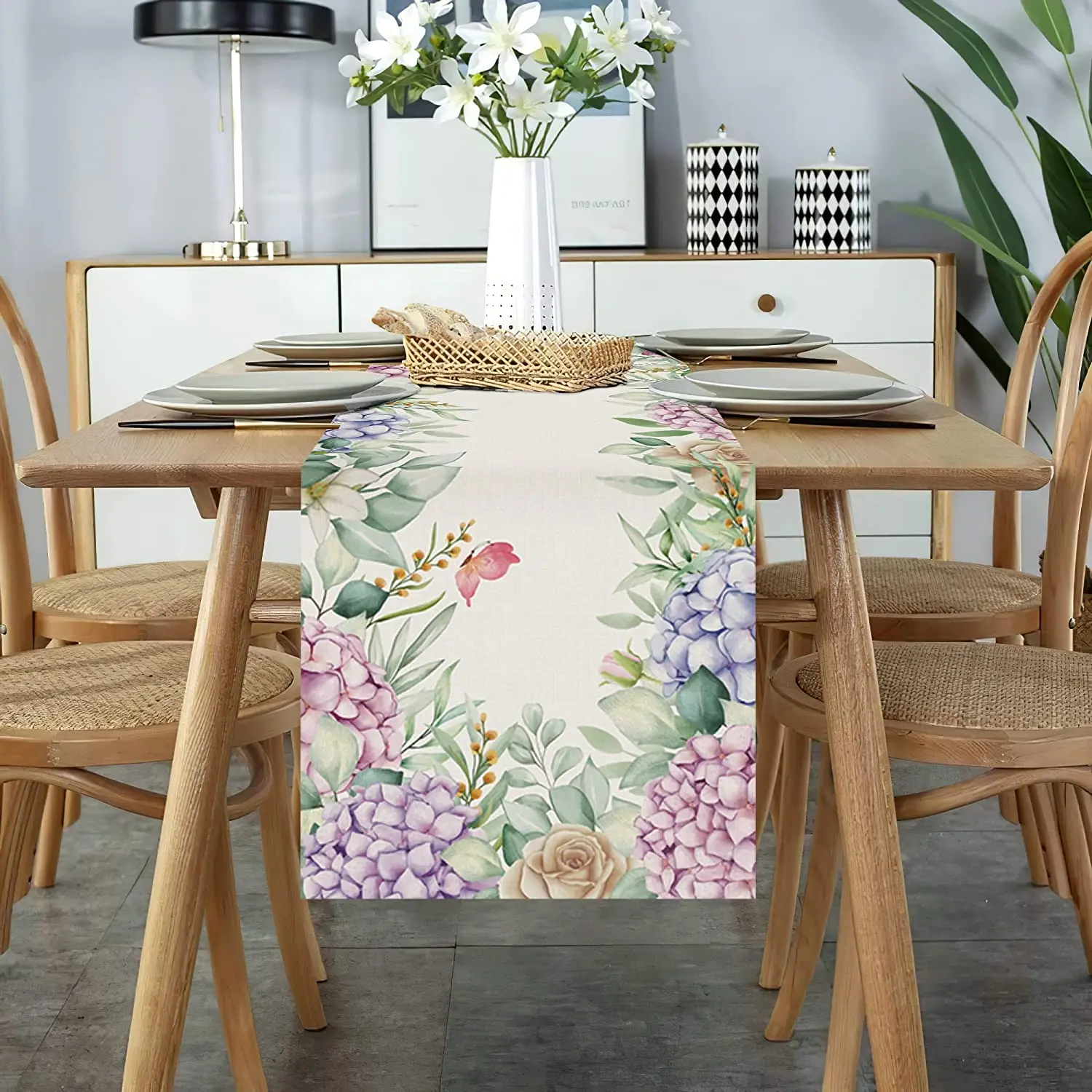 Butterfly Pink Blue Hydrangea Floral Easter Table Runner Wedding Decoration Summer Holiday Dining Table Runner for Home Party