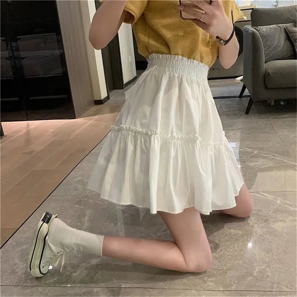 Summer Mini Pleated Skirts Women White Black High Waist A-Line Skirt Student Preppy Cute Skirt ​Korean Harajuku Ruffle Wild Saia