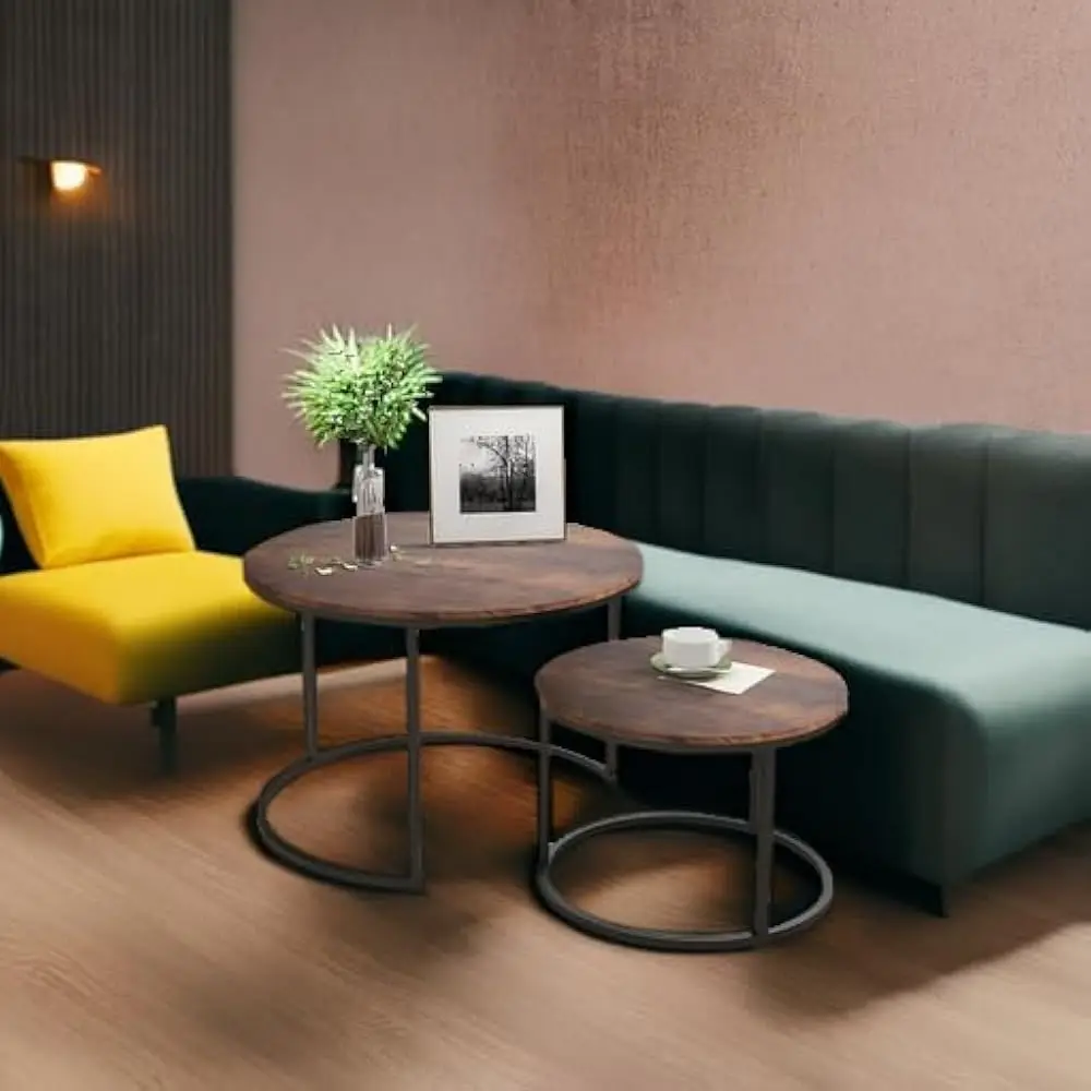 Industrial Round Coffee Table Set Of 2 End Table For Living Room,Stacking Side Tables, Sturdy And Easy Assembly,Wood Look