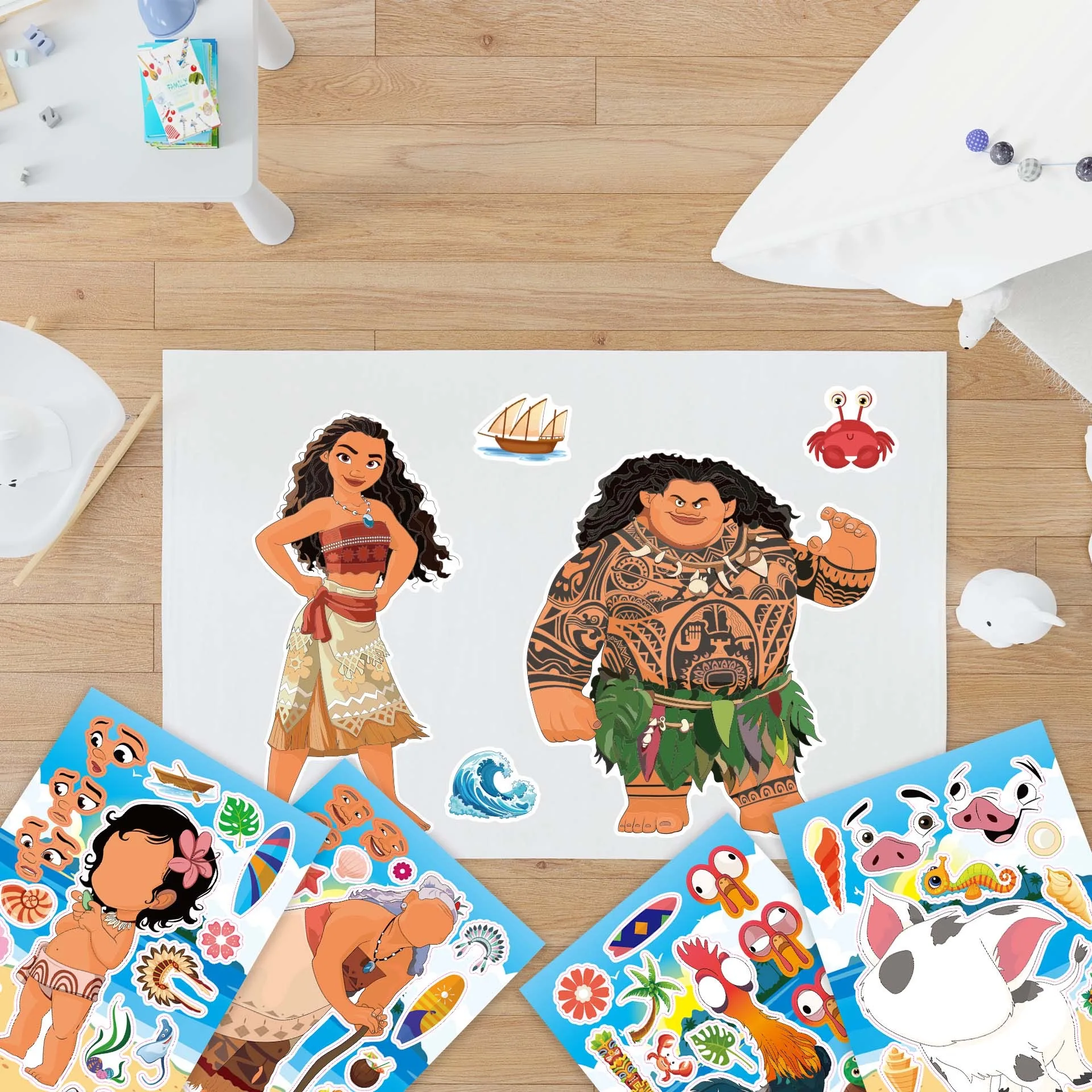 24pcs Disney Moana Stickers Children\'s Assembly Jigsaw Puzzle DIY Jigsaw Stickers Decorations Children\'s Educational Party Toy