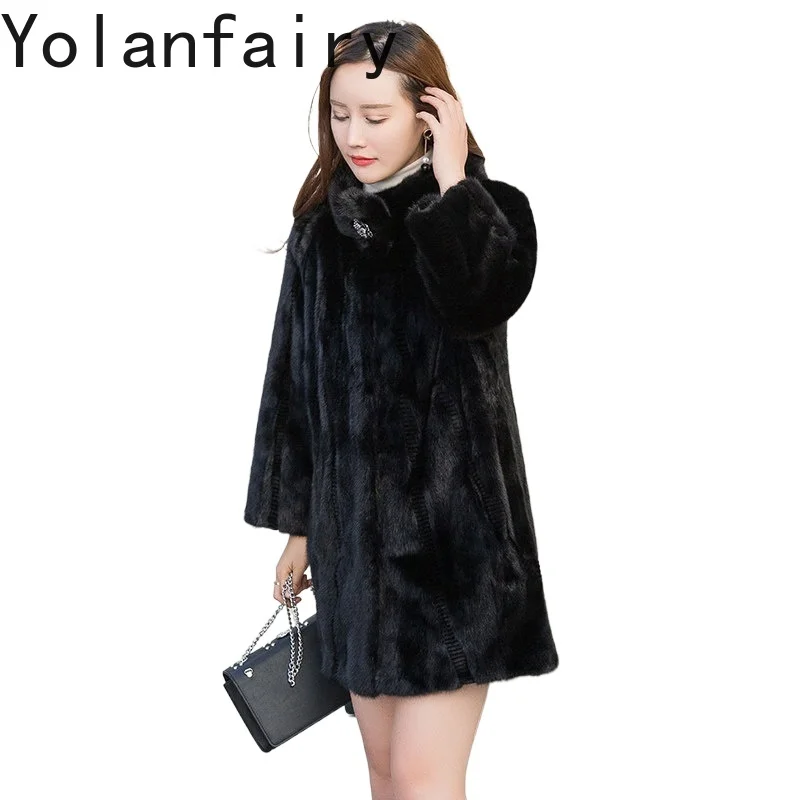 YOLANFAIRY Fashion Whole Natural Real Velvet Mink Coat Fur Jacket Mid-length Style Full Pelt Mink Woman Elegant Winter Coat 2026