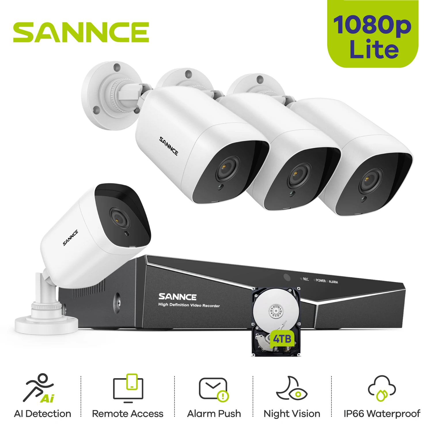 SANNCE 8CH 1080P DVR 1080P CCTV System 4pcs 1080P 2.0MP Security Cameras IR outdoor IP66 Video Surveillance kit motion detection